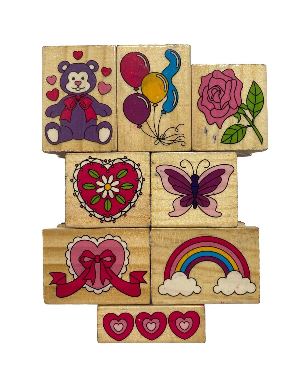 Assorted Hearts Balloon Rainbow Flower Butterfly Wood Mount Rubber Stamp Set